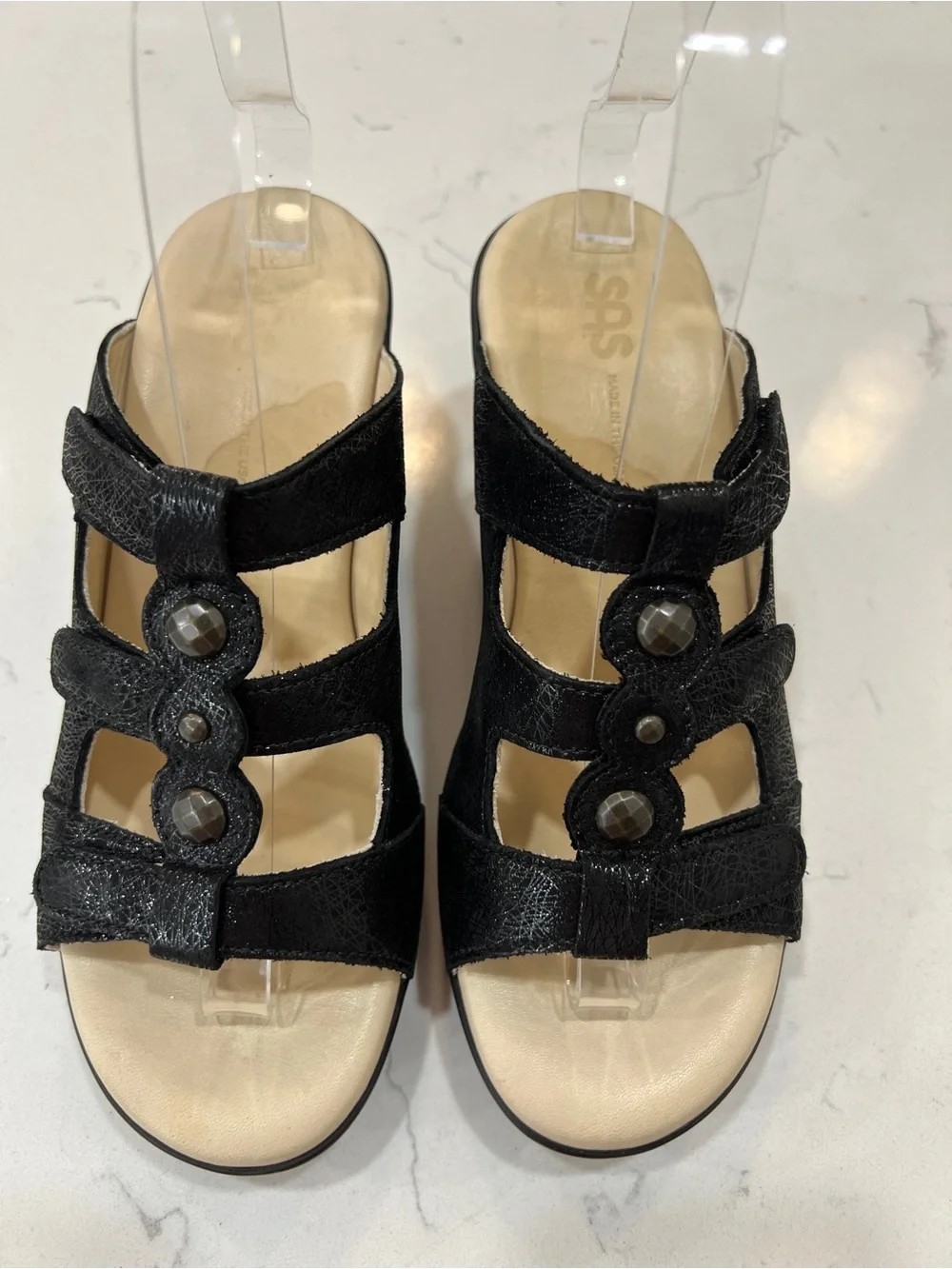 SAS Womens Ginger US 7 M Black Casual Wedge Strappy Sandal Slip On Adjustable